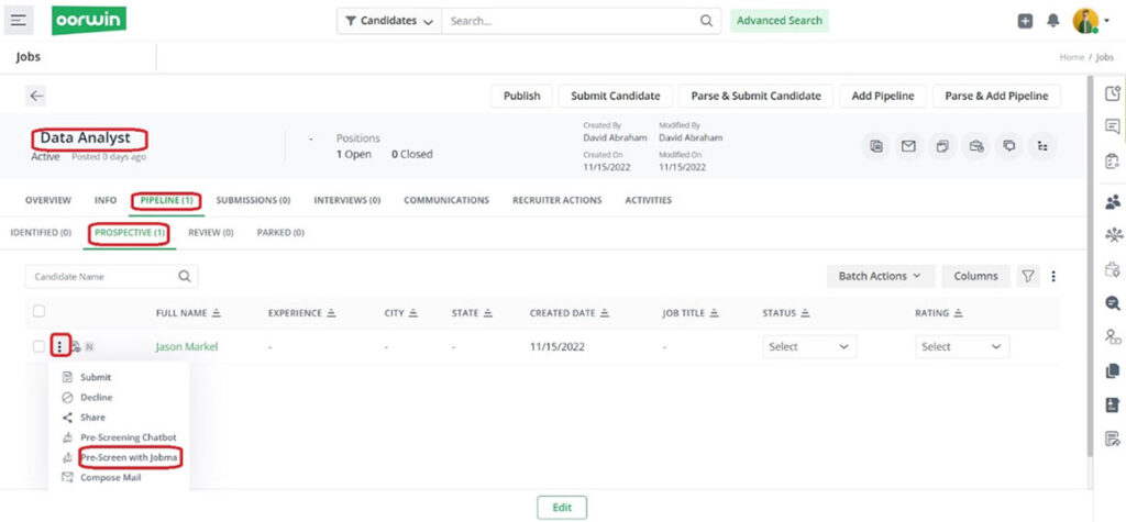 Click on a Job from the listing go to Pipeline > Prospective select any candidate