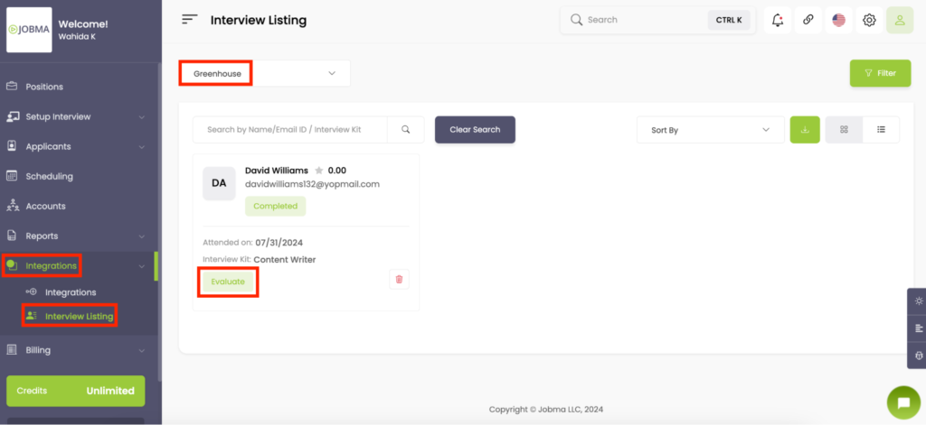 Jobma interface showing the 'Interview Listing' page with Greenhouse integration. The candidate David Williams is marked as 'Completed,' with an 'Evaluate' option.