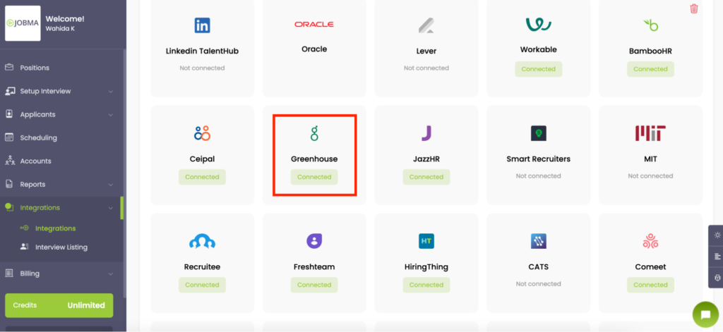 Jobma integrations page showing various connected and not connected apps, with Greenhouse highlighted as connected.