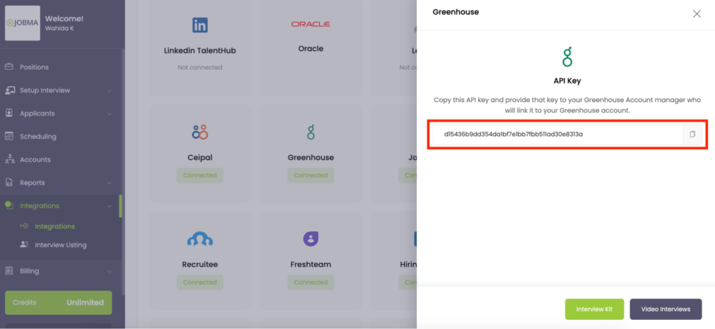 Jobma integration settings page showing the API key for linking Greenhouse with Jobma, with the key highlighted in a text box.