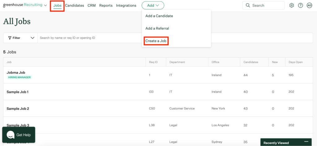 Greenhouse Recruiting page showing the 'Jobs' section with options to add a candidate, referral, or create a new job. A list of jobs is displayed.