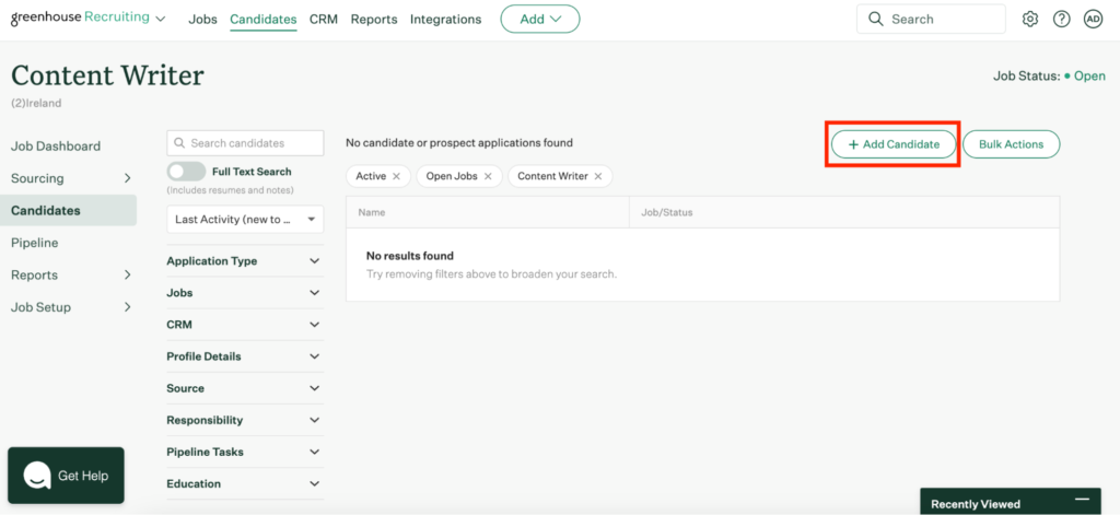 Greenhouse 'Content Writer' job page showing the 'Candidates' section with options to add a candidate and perform bulk actions. No candidates found.