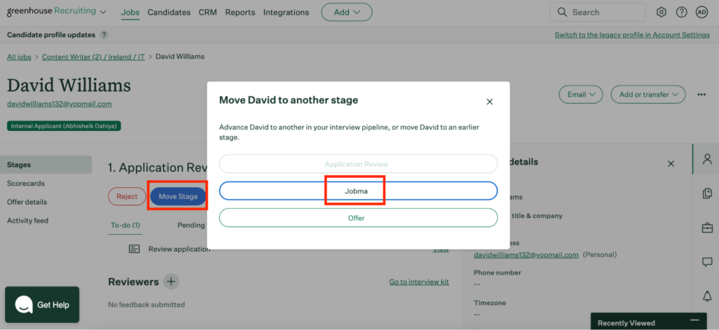 Greenhouse candidate page for David Williams showing options to move him to another stage in the interview pipeline, with 'Jobma' selected as the next stage.