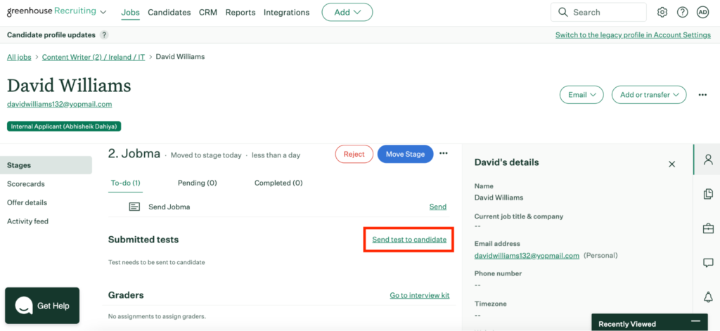 Greenhouse candidate page for David Williams in the 'Jobma' stage, with an option to send a test to the candidate highlighted.