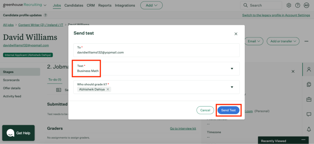 Greenhouse page showing the 'Send Test' modal with fields to send the 'Business Math' test to David Williams, with an option to assign a grader.