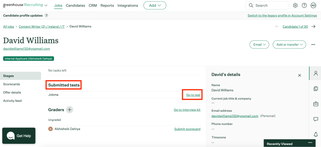 Greenhouse candidate profile for David Williams, highlighting the 'Submitted tests' section with a 'Go to test' link.