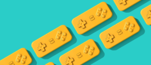 Yellow game controller buttons on a turquoise background, symbolizing gamification in recruitment.